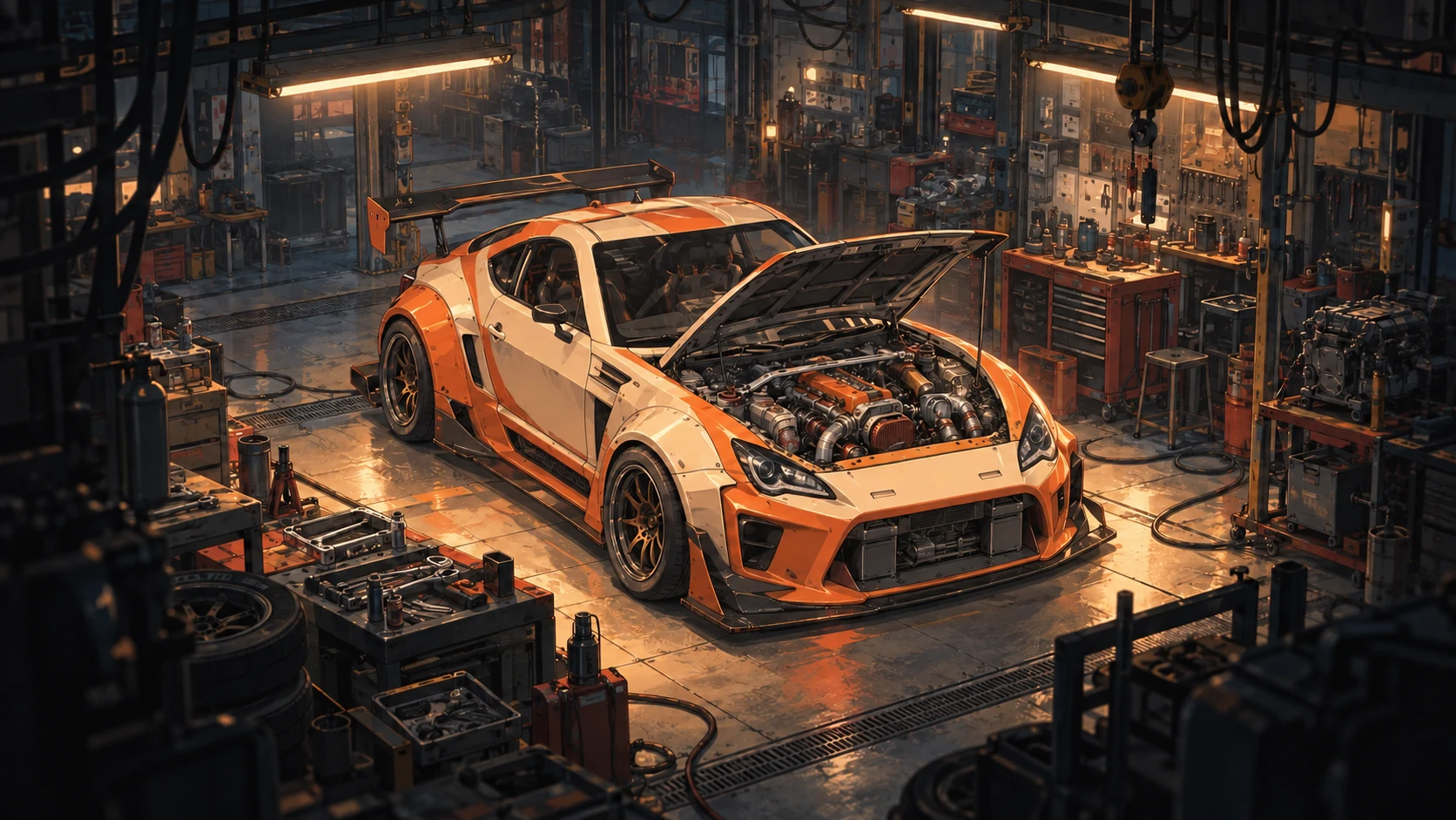 A cream and orange race car with its bonnet open in a warmly lit workshop, surrounded by tools and equipment.